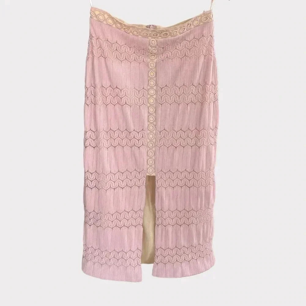 Elliatt Women’s Pinnacle Pencil Midi Skirt Embroidered Lace Detail Pink Sz Large - Picture 4 of 11